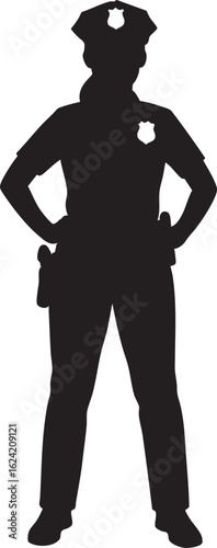 Vector Black and White Graphic of Woman Police Officer with Badge and Holster in Side View


