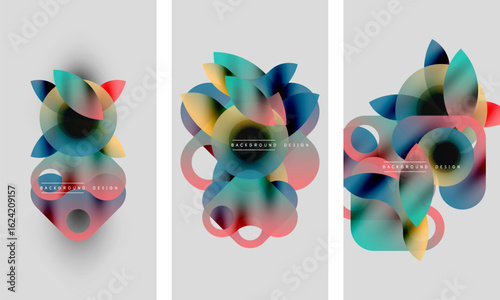 Abstract floral shapes overlap, creating vibrant color blends. Soft gradients, modern design elements present. Backgrounds appear light gray.