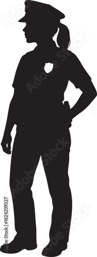 Vector Silhouette of Female Police Officer Standing at Attention in Uniform on White Background

