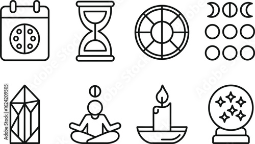 Set of Mystical Icons in Outline Style Calendar, Hourglass, Wheel, Moon, Crystal, Yoga