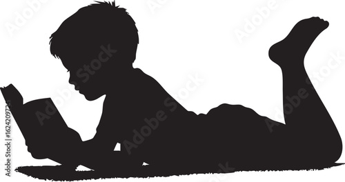 Vector Minimalist Silhouette of Child Absorbed in Reading, Prone Position, High Contrast Style

