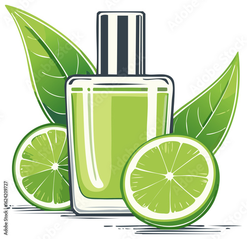 Vibrant green perfume bottle with fresh lime citrus slices and leaves for natural scent