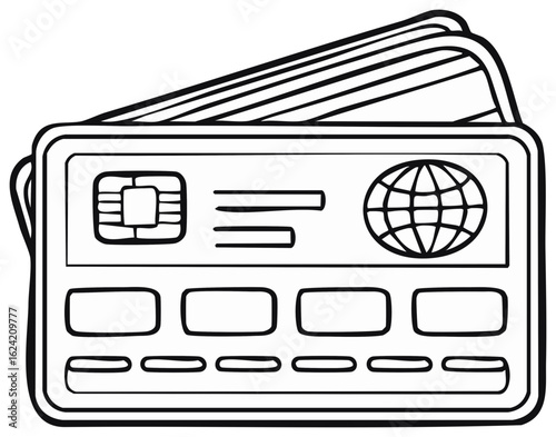 Outline Sketch of Credit Cards with EMV Chip and Globe Design, Financial Transactions