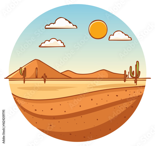 Desert Landscape Illustration with Mountains, Cactus, Sand Layers