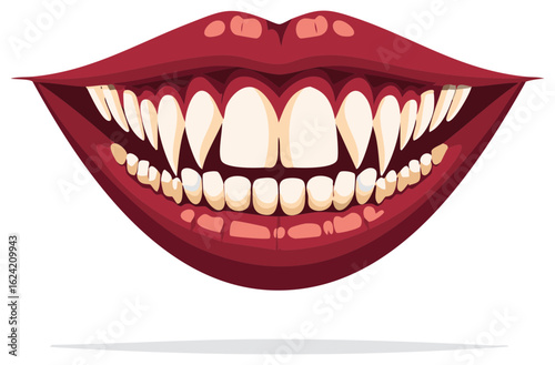 Evil grinning monster mouth with sharp teeth and vampire fangs vector illustration.