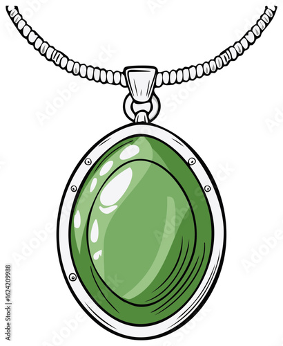 Jewelry item featuring green stone and chain. Pendant with an oval-shaped green gemstone.