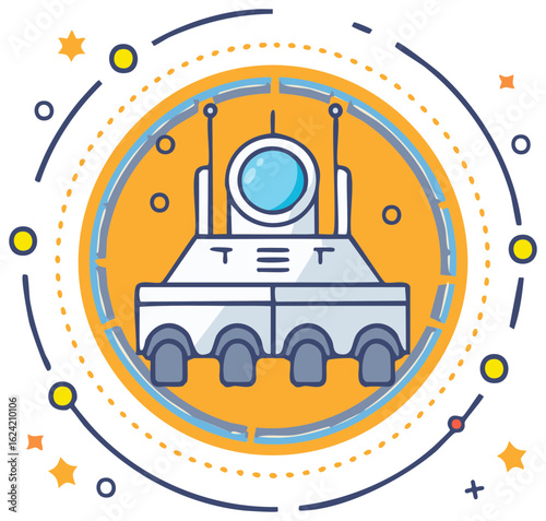 Cartoon illustration of a space rover inside a cosmic circle design