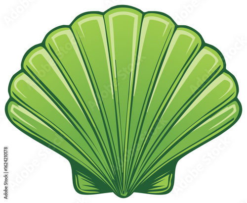 Vibrant Green Scallop Seashell Illustration with Deep Grooves