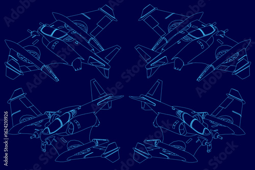 Four fighter jets in symmetrical formation against a deep blue background, each with distinct contour designs. The crisp white aircraft contrast sharply with the vibrant backdrop.