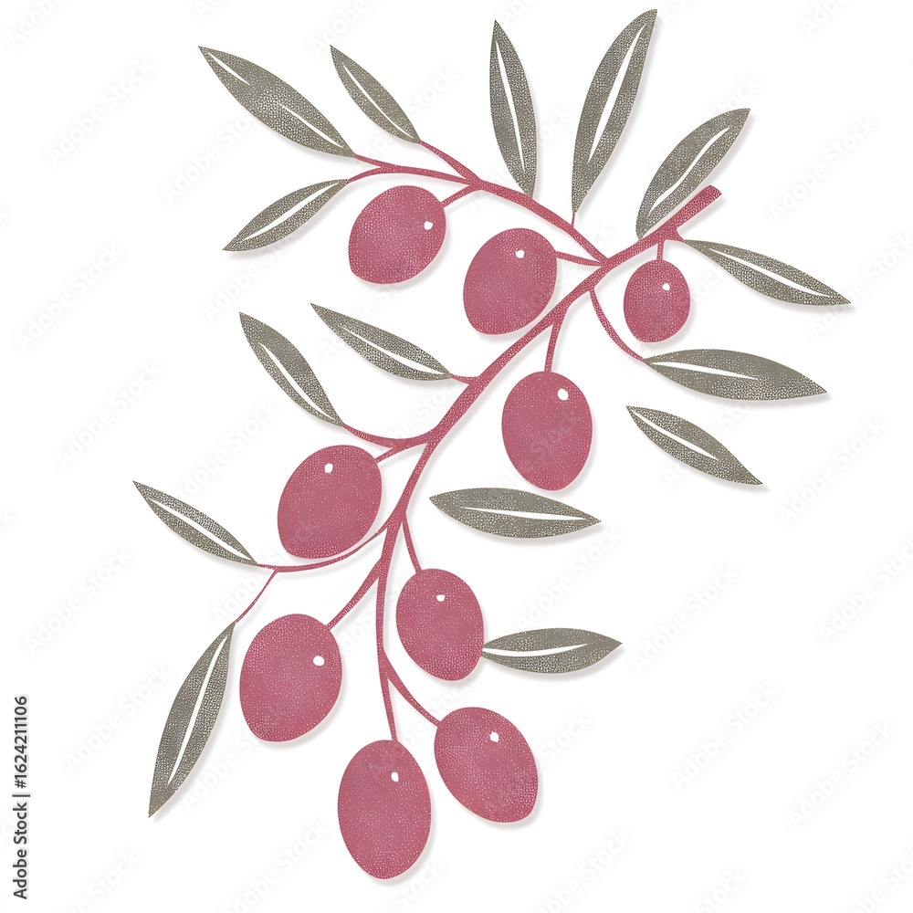 Obraz premium Stylized Olive Branch with Pink Berries and Textured Leaves on W