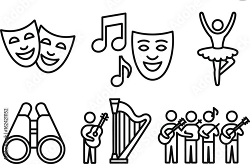 Theatre Masks, Music Notes, Ballerina, Binoculars, Harpist & Musicians Icon Outline