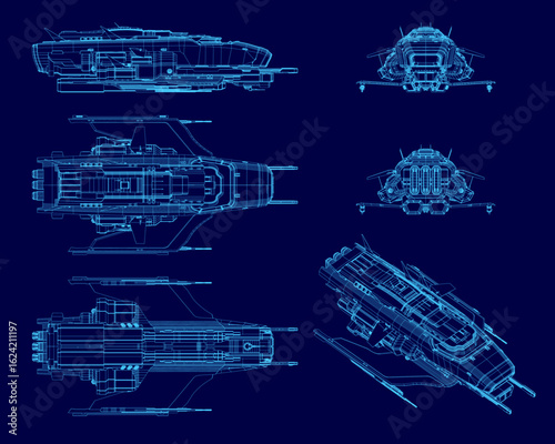 A futuristic fighter spaceship blueprint displays intricate wireframe details on a deep blue background. The design highlights propulsion systems, weapon placements, and structural framework.