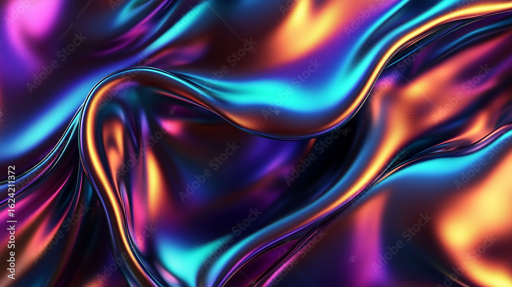 Fototapeta premium An abstract background with flowing, iridescent metallic fabric. Glossy, wavy textures in futuristic purple, blue, and orange.