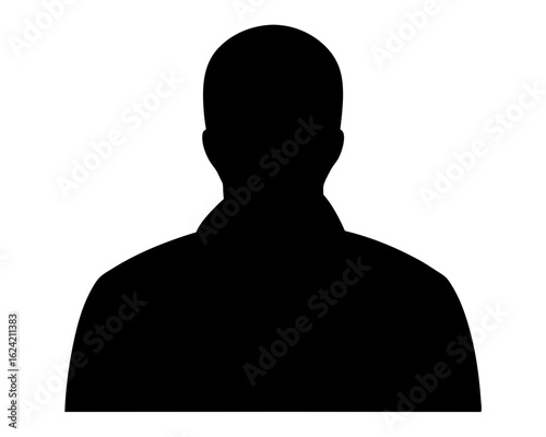 Silhouette of a bald man's head and shoulders, facing forward, on white