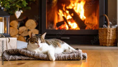 Cozy cat by fireplace
