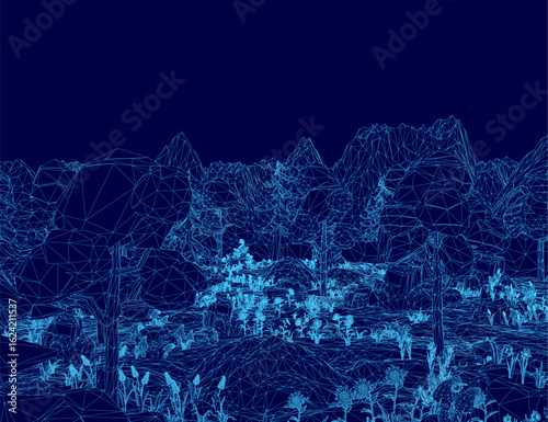 Low poly forest with wireframe trees arranged in a geometric pattern against distant mountains. The deep blue background creates a mysterious and ethereal atmosphere.