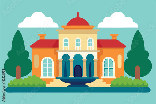 luxurious mansion with fountain and garden vector .eps
