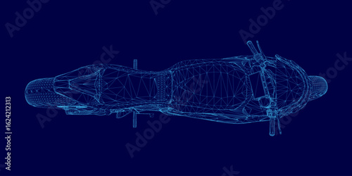 A detailed 3D wireframe model of a motorbike on a solid blue background, showcasing the intricate mechanical structure. The blueprint-style rendering highlights the frame, wheels.