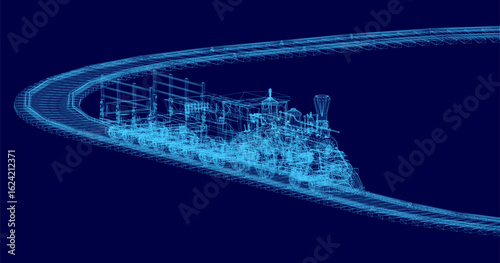 A detailed 3D wireframe model of a steam locomotive features visible engine components, smokestacks, and large wheels against a solid blue background. The intricate design highlights the toy train's.