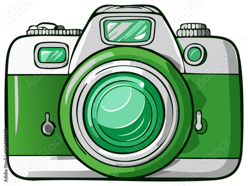 Classic retro SLR camera illustration in a fun green and white cartoon style