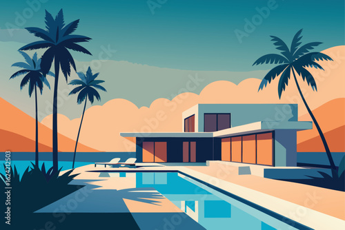 luxury beachfront villa with palm trees and pool  .eps