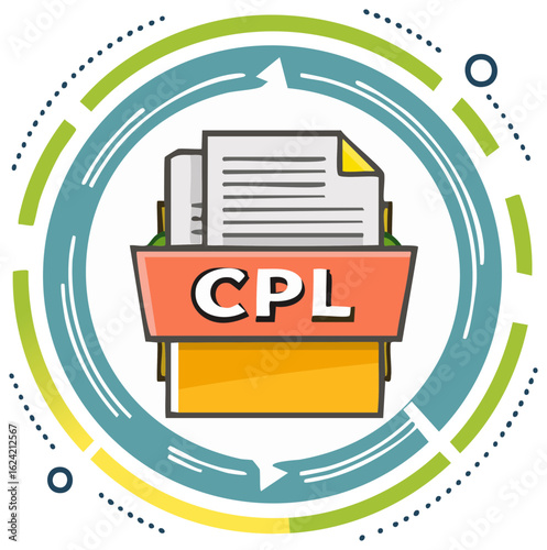 Document processing icon with circular arrows and CPL label indicating data flow and system integration