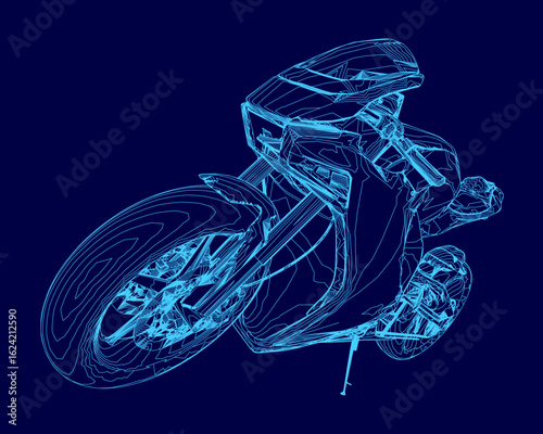A sleek blue motorcycle with a low-slung frame and wide handlebar rides on a dark blue background, emphasizing speed and modern design. The rider wears a helmet with a focused expression,.
