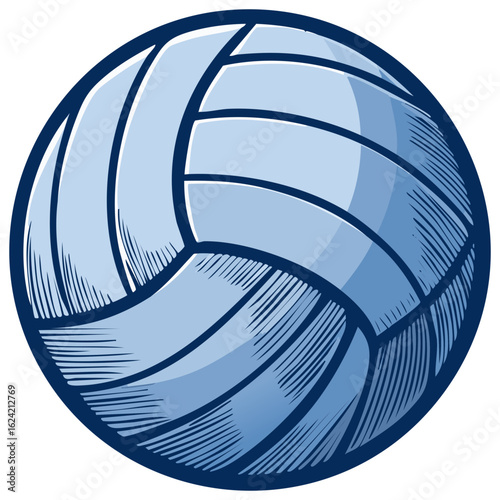 Classic blue volleyball with distinct panel lines and shading in a graphic illustration style