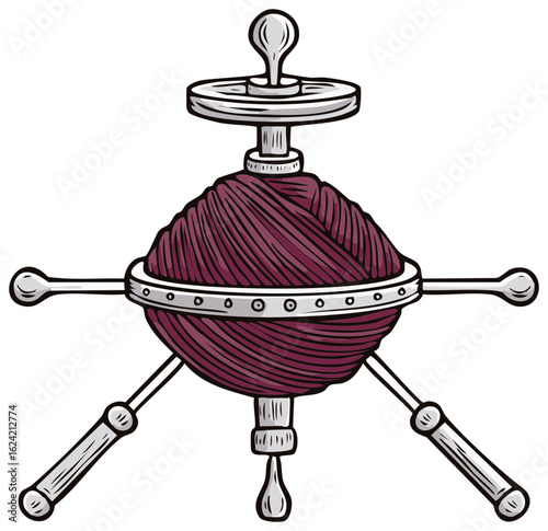 Illustration of a Yarn Ball Winder with a Deep Red Woolen Ball for Knitting and Crochet