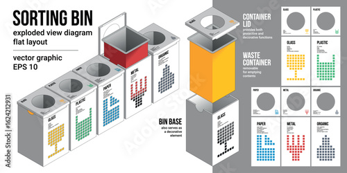 Sorting bin exploded view diagram. Vector of a modular recycling station showing technical assembly. Industrial product design concept for waste management and sustainability solutions.