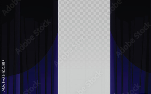A theatrical, dark purple curtain opening to reveal a transparent, empty space. This vector illustration is ideal for event invitations, announcements, and presentations.