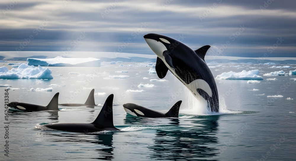 Obraz premium Slow motion of Killer whales (Orcinus orca) swimming and breaching on surface of oceanic water natural habitat, Antarctica. 