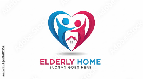 Elderly Home logo design with heart shape and two figures hugging on white background