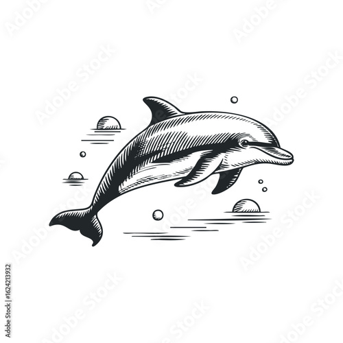 Dolphin Swimming in Ocean Waters with Sunrise Engraving Style