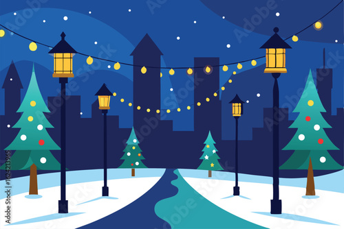 magical winter night street scene decorated with  (1).eps