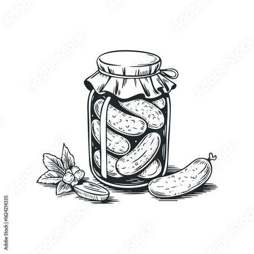 Pickled cucumbers in jar with basil leaf line drawing style