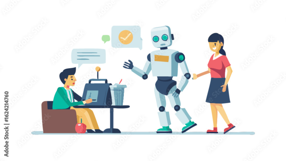 Illustration of a man at a desk, a robot, and a woman walking in a light and airy office space Illustration of a man at a desk, a robot, and a woman walking in a light and airy office space