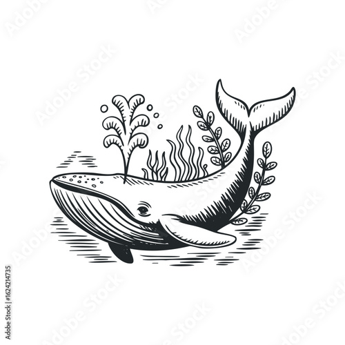Sketch of a Whale Swimming Among Plants Spouting Water in Ocean