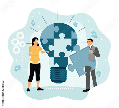 Two entrepreneurs work together to solve a problem.