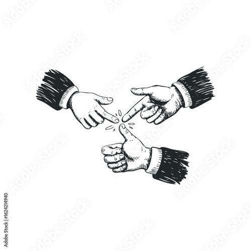 Illustration of three hands pointing toward each other with a thumbs up gesture