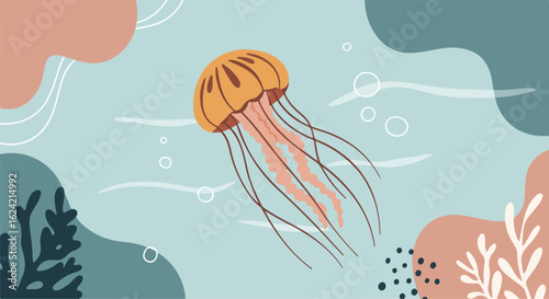Jellyfish floats. Underwater scene with coral and abstract elements for use as art