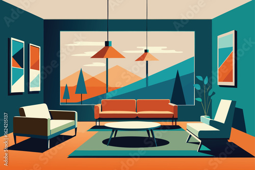 mid century modern living room with abstract art   (1).eps