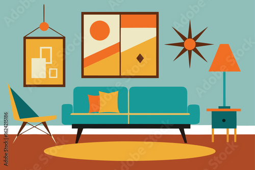 mid century modern living room with abstract art  .eps