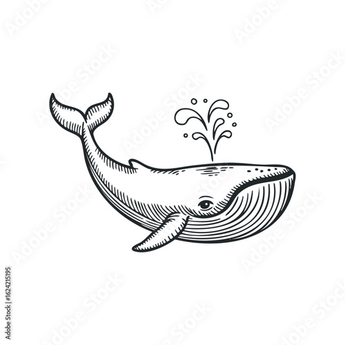 Whale Illustration with Water Spray in Black and White