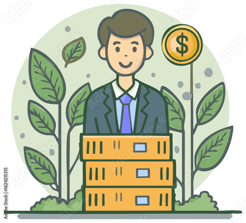 Businessman with growing investments, educational books, and financial success