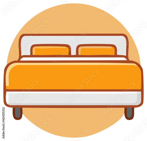 Simple Modern Bed with Orange Duvet and Pillows Vector Illustration