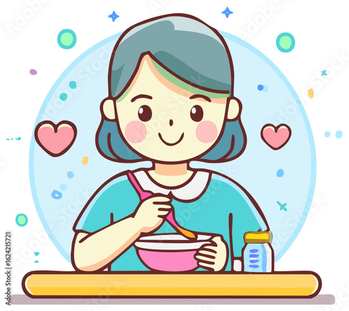 Cute cartoon woman preparing food in a bowl with spoon, surrounded by hearts and cheerful symbols