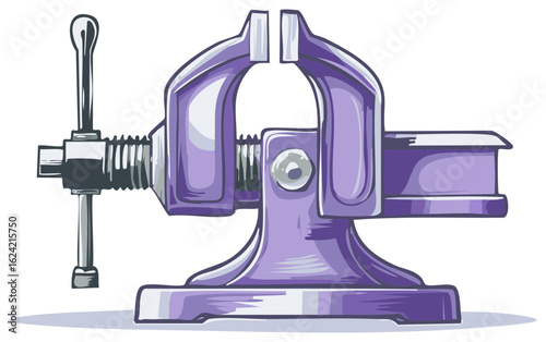 Cartoon illustration of a purple bench vise a hand tool for clamping objects cartoon style, hand draw.