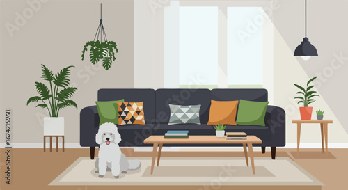 Poodle sits in an interior living room with houseplants and a view through the window