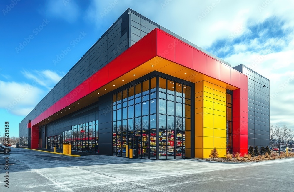 Obraz premium A modern commercial building featuring a striking design with bold colors and large glass windows under a clear blue sky.